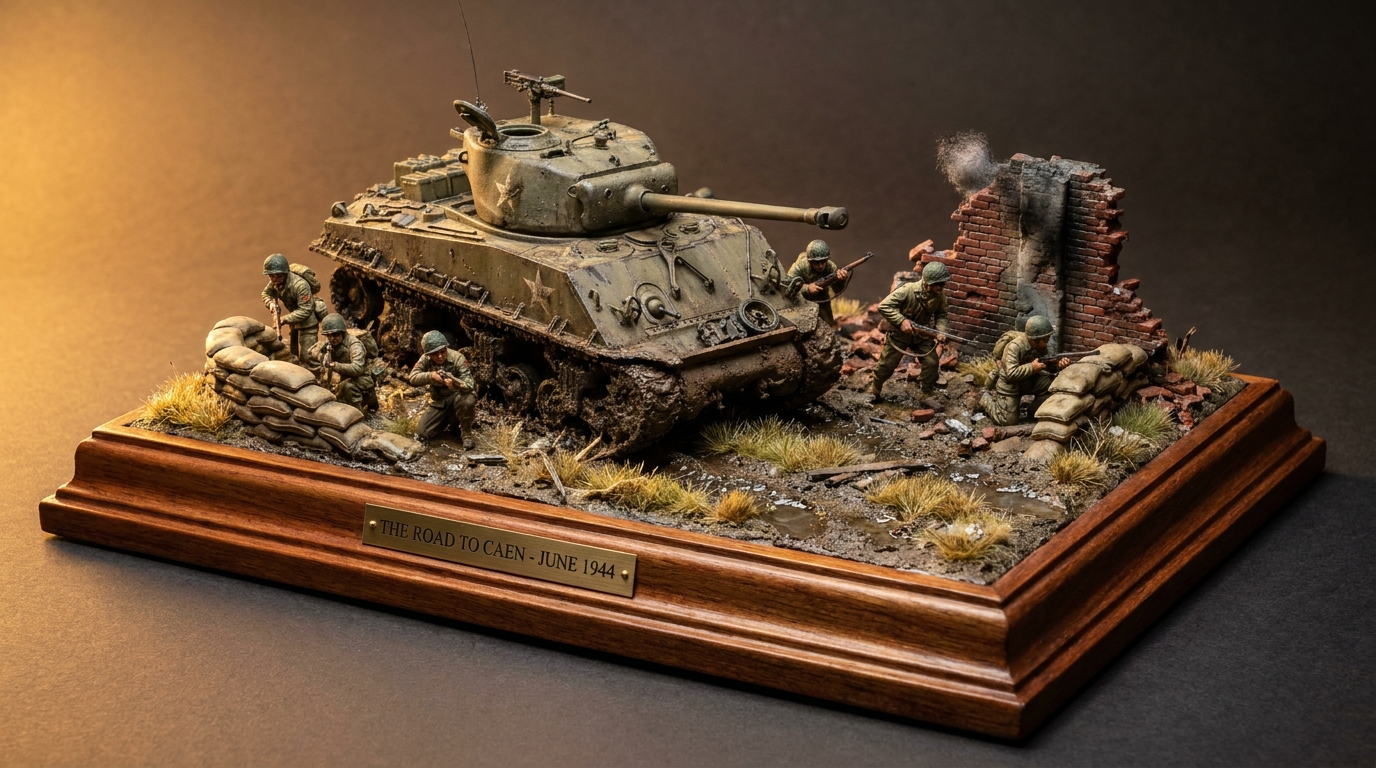 WW2 diorama — ručno izrađena scena s tenkom, vojnicima i razrušenim zgradama na drvenom postolju